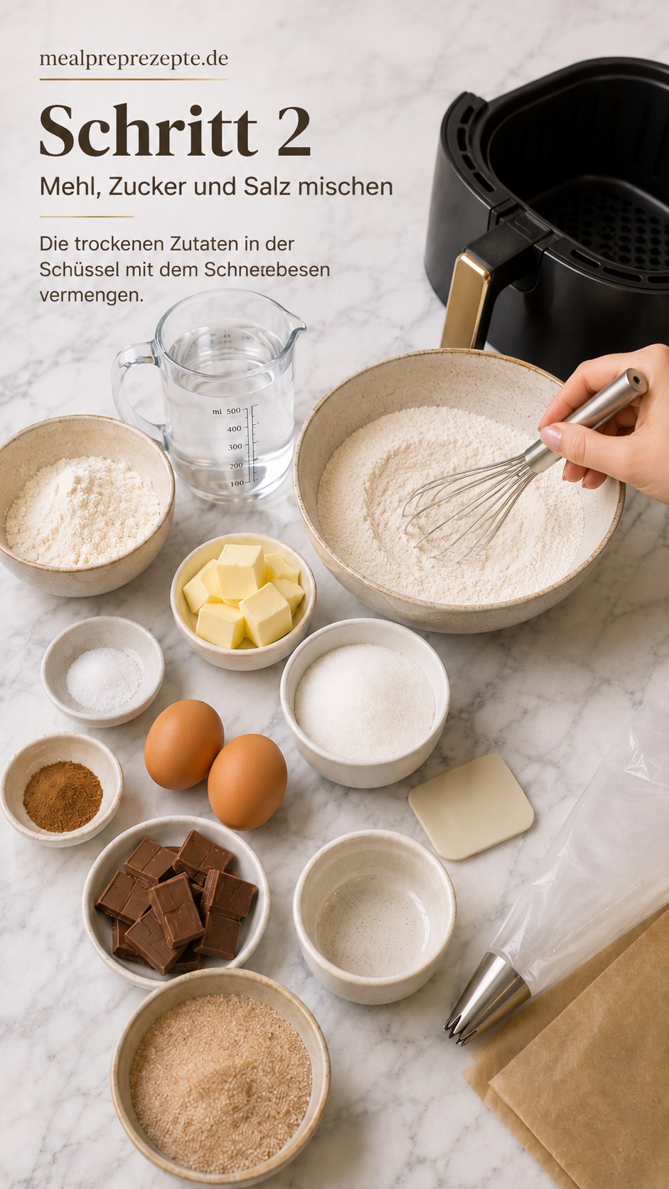 Trockene Zutaten für Airfryer Churros mit Schokolade werden mit dem Schneebesen in der Schüssel vermischt