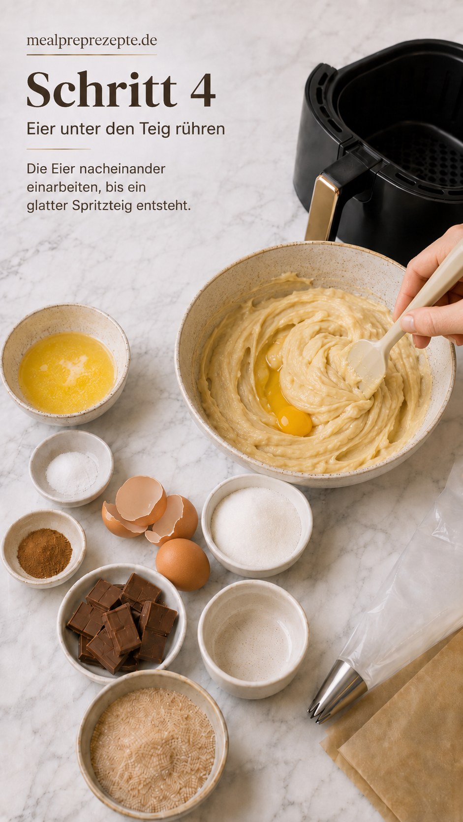 Ei wird unter den Spritzteig für Airfryer Churros mit Schokolade gerührt, bis die Masse glänzt