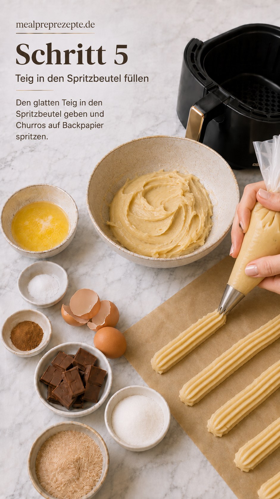 Glatter Churros-Teig wird in den Spritzbeutel gefüllt und auf Backpapier zu Streifen gespritzt