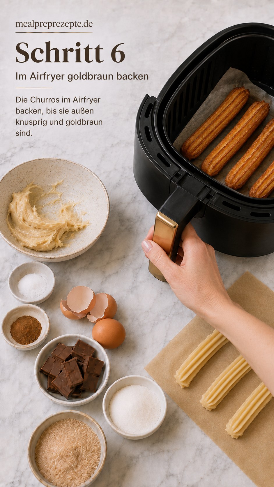 Rohe Churros liegen im Airfryer-Korb und backen goldbraun für die Airfryer Churros mit Schokolade