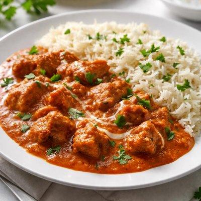 Butter Chicken mit Basmatireis serviert