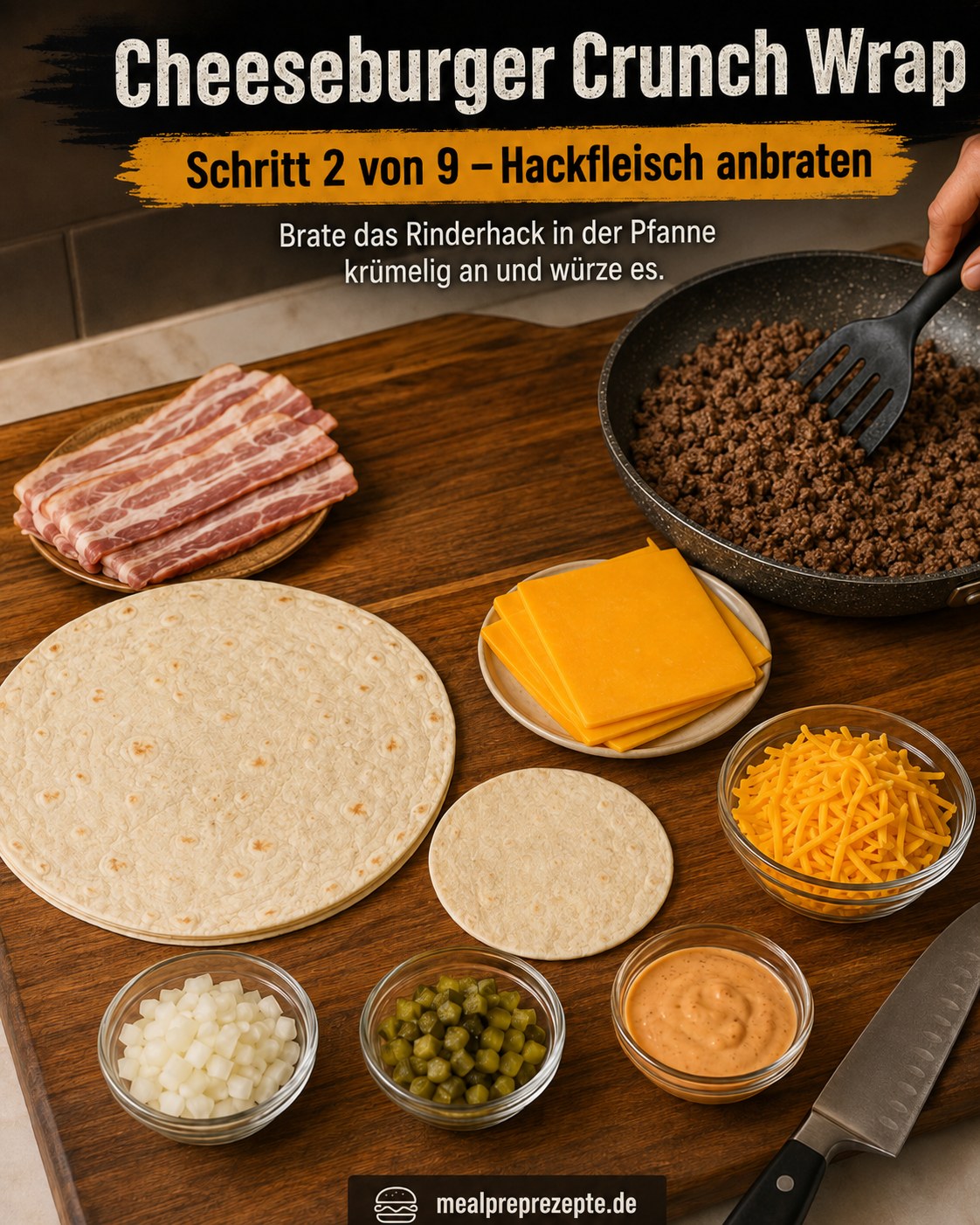 Rinderhack für den Cheeseburger Crunch Wrap wird krümelig in der Pfanne angebraten und gewürzt