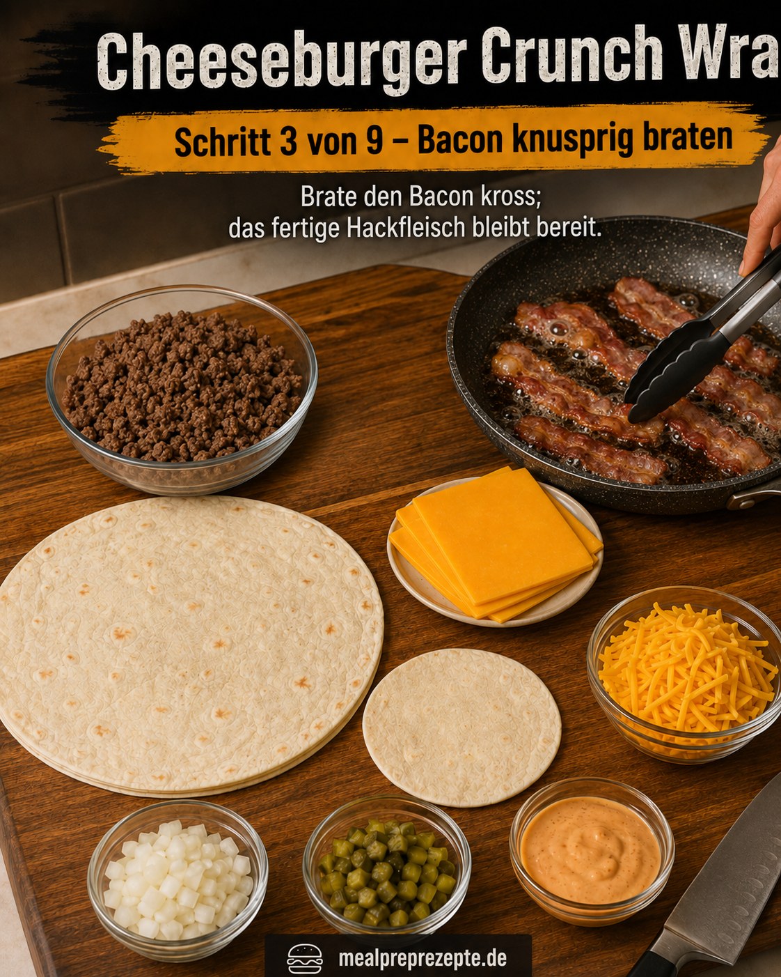 Baconstreifen werden für den Cheeseburger Crunch Wrap in der Pfanne knusprig gebraten