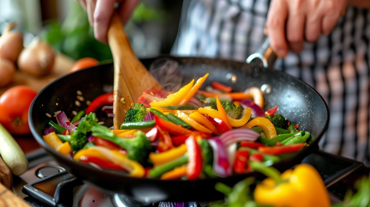 Gemüse wird in Pfanne gebraten