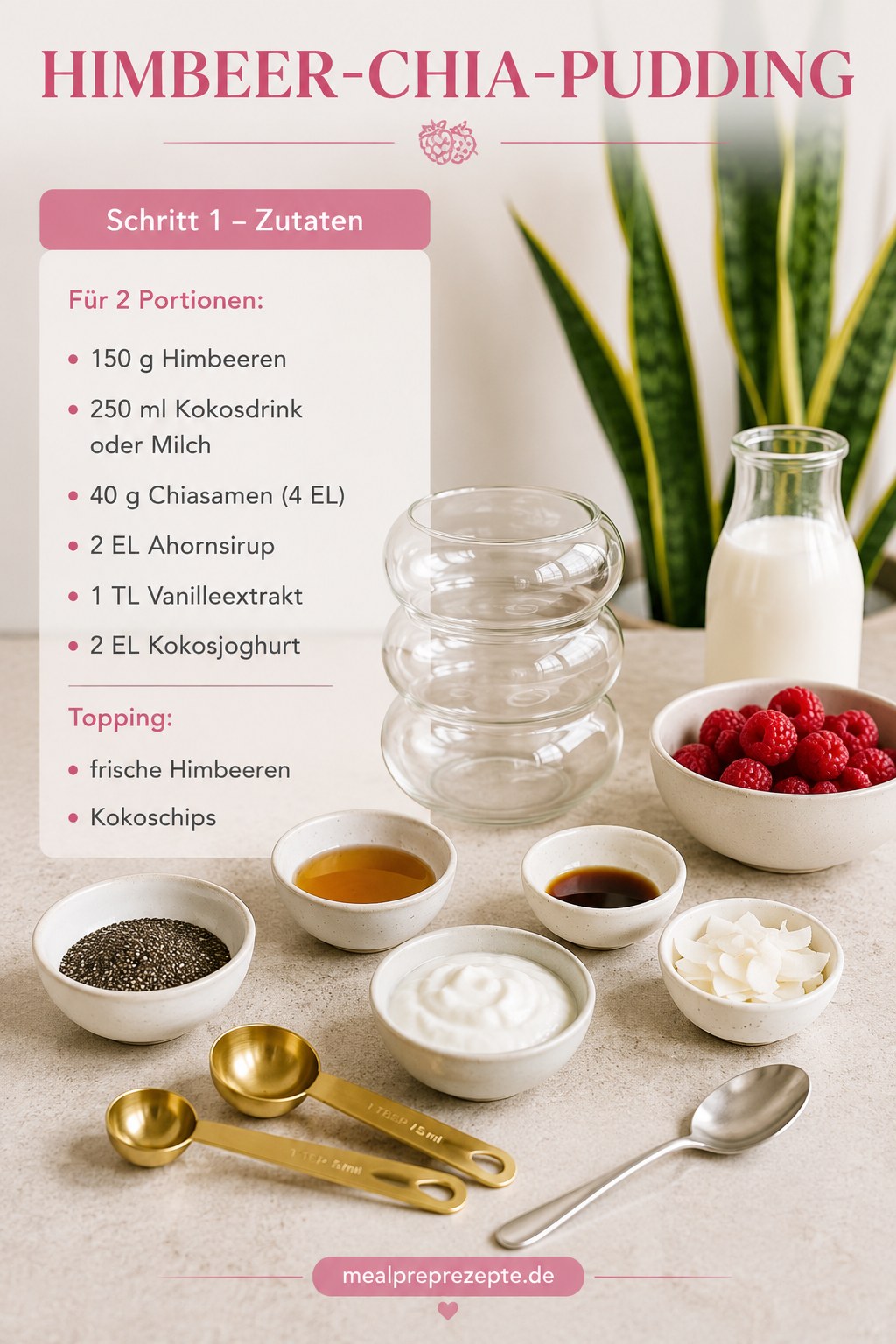 Zutaten für Himbeer Chia Pudding mit Kokosflocken übersichtlich in Schälchen angerichtet