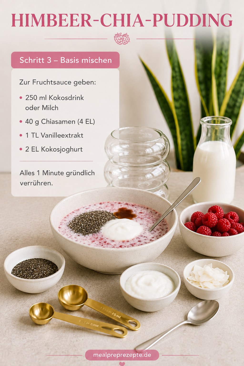 Kokosdrink, Chiasamen und Vanille werden zur Fruchtsauce für den Chiapudding gerührt