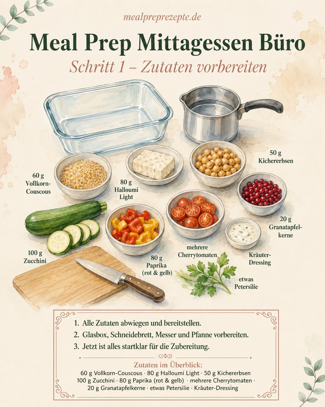Zutaten für Meal Prep Mittagessen Büro abgewogen bereitgestellt, Couscous, Halloumi und Gemüse in Schälchen