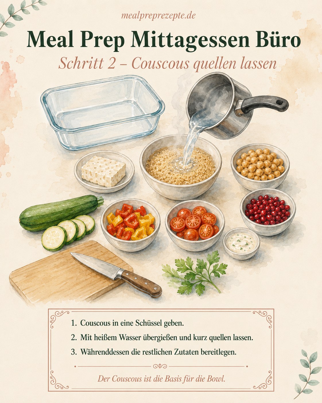 Vollkorn-Couscous wird für die Meal Prep Bowl mit heißem Wasser übergossen und quillt in der Schüssel