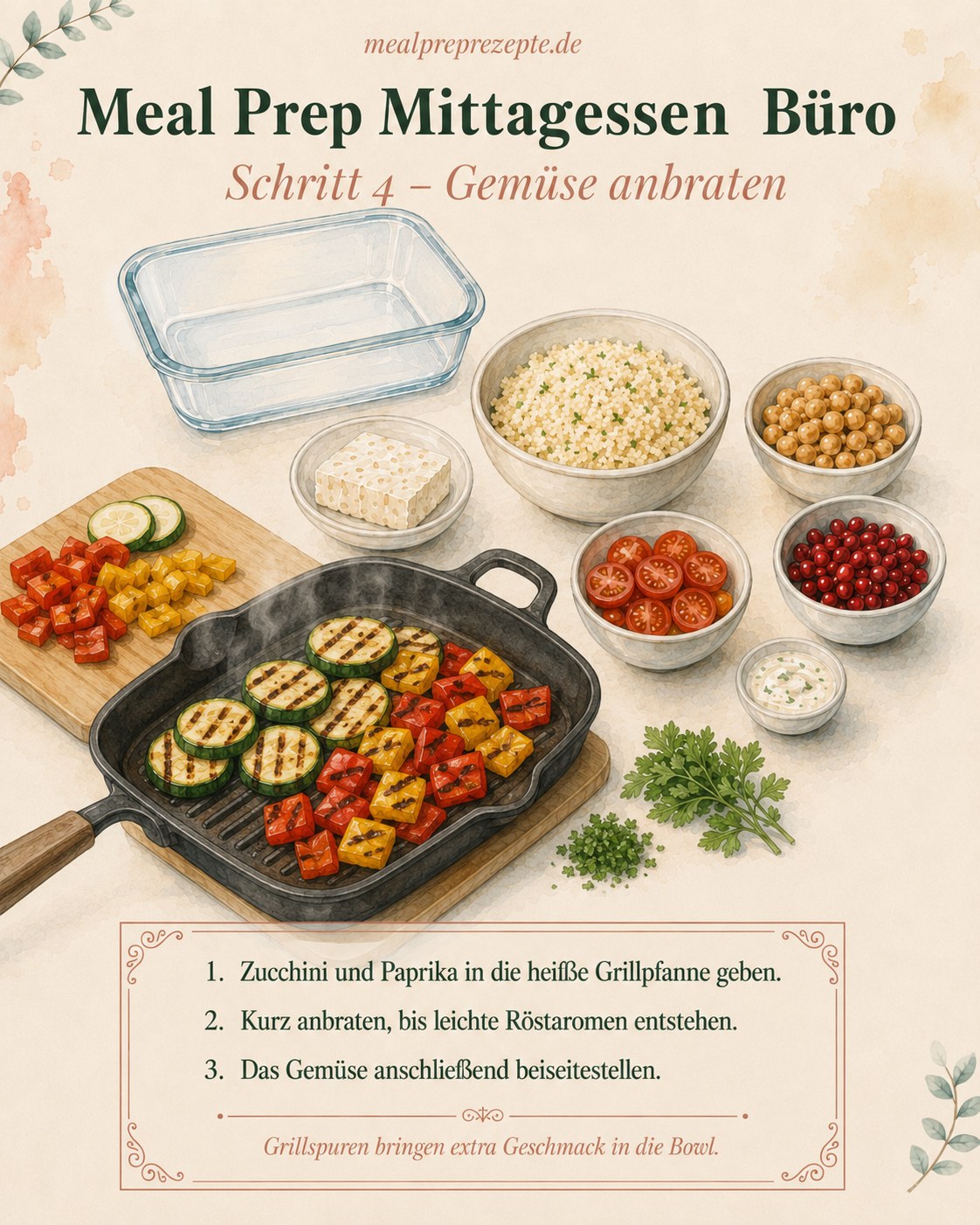 Zucchini und Paprika braten in der Grillpfanne für das Meal Prep Mittagessen Büro mit sichtbaren Röstspuren