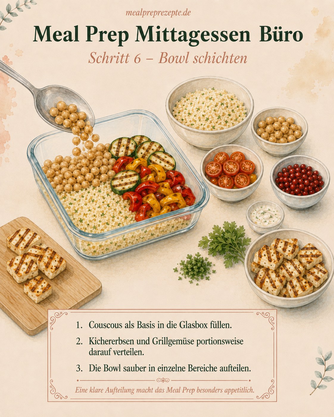 Couscous, Kichererbsen und Grillgemüse werden portionsweise in die Glasbox für das Meal Prep geschichtet