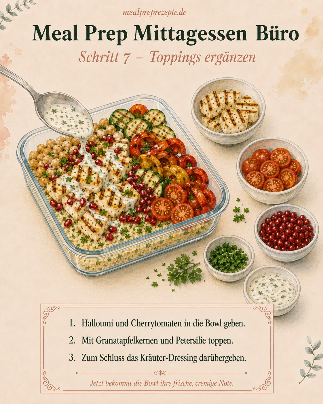 Halloumi, Cherrytomaten, Granatapfelkerne und Kräuter-Dressing vervollständigen die Meal Prep Bowl fürs Büro