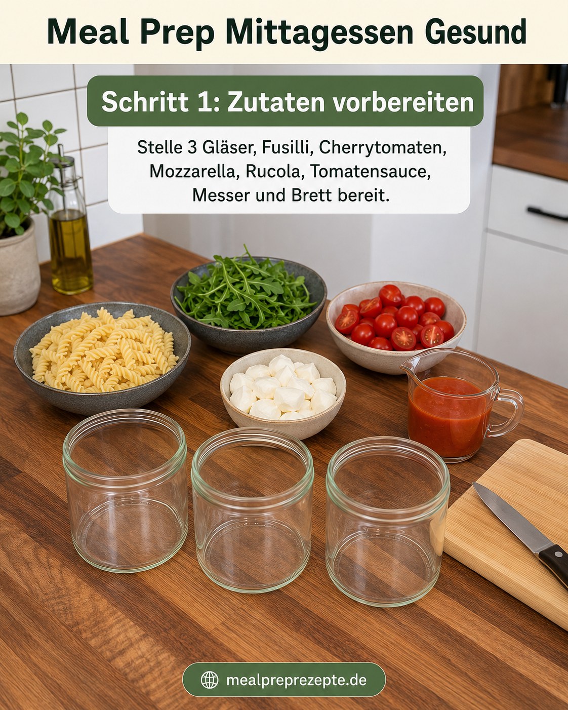 Zutaten für meal prep mittagessen gesund bereitgestellt: Fusilli, Cherrytomaten, Mozzarella und Gläser