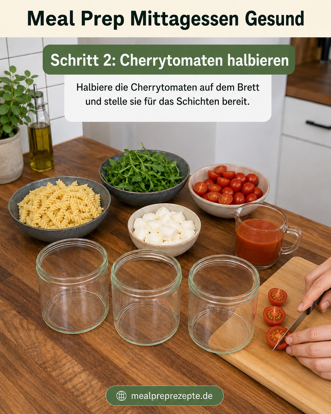 Cherrytomaten werden für das gesunde Meal-Prep-Mittagessen im Glas auf dem Brett halbiert