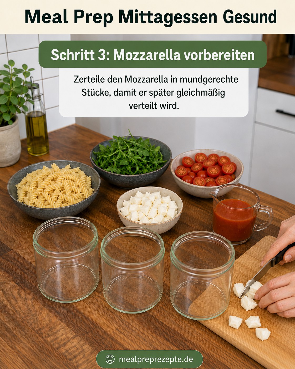 Mozzarella wird in mundgerechte Würfel geschnitten für das Meal-Prep-Mittagessen im Glas