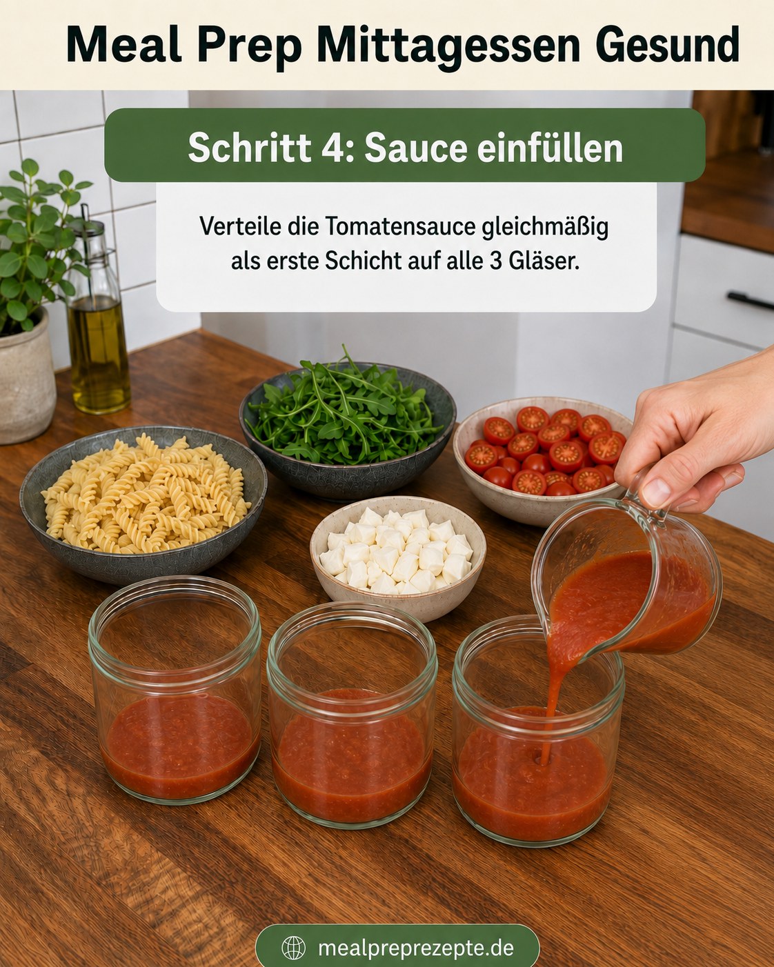 Tomatensauce wird als erste Schicht gleichmäßig in die drei Meal-Prep-Gläser gefüllt