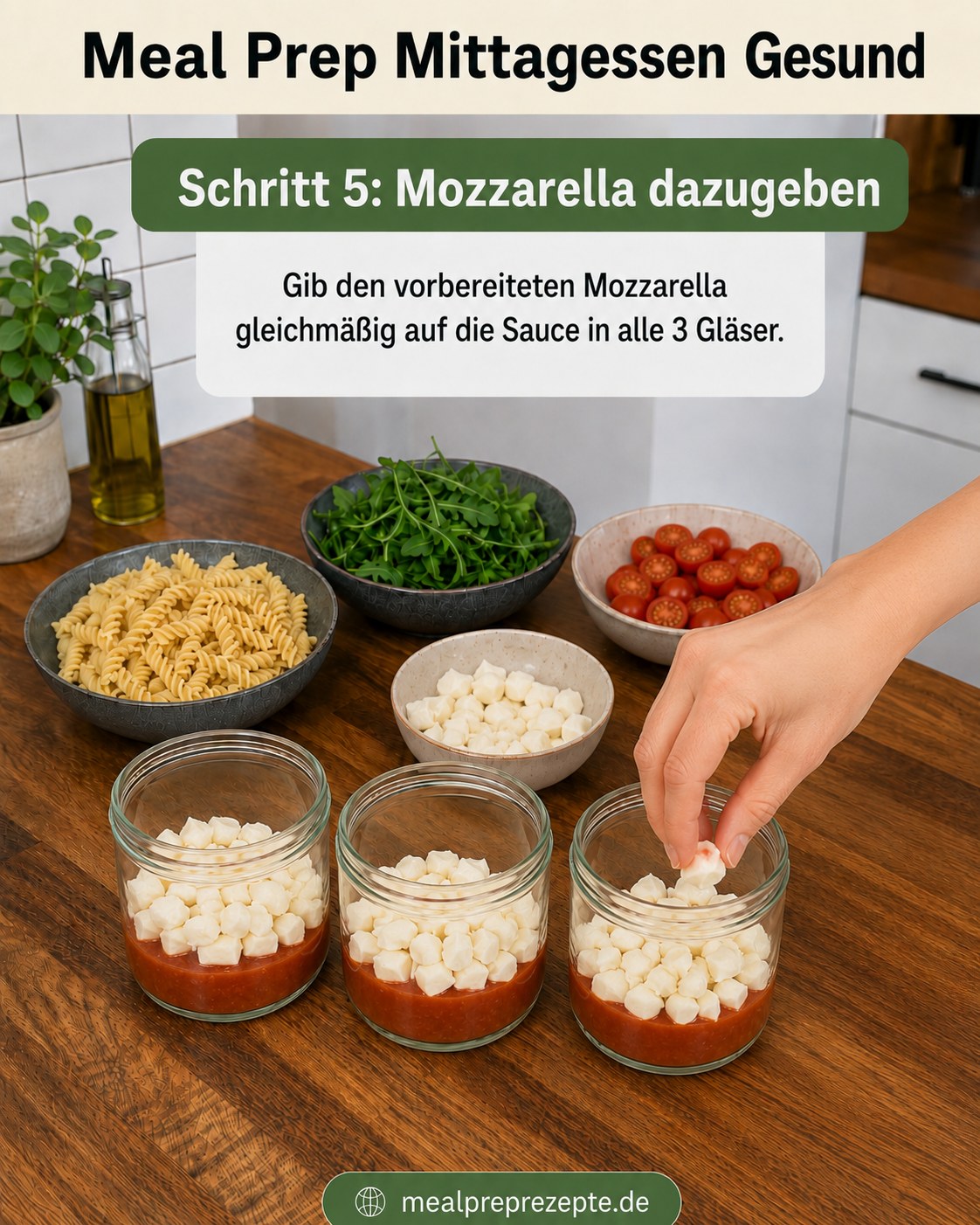 Gewürfelter Mozzarella wird auf die Tomatensauce für das gesunde Mittagessen gegeben