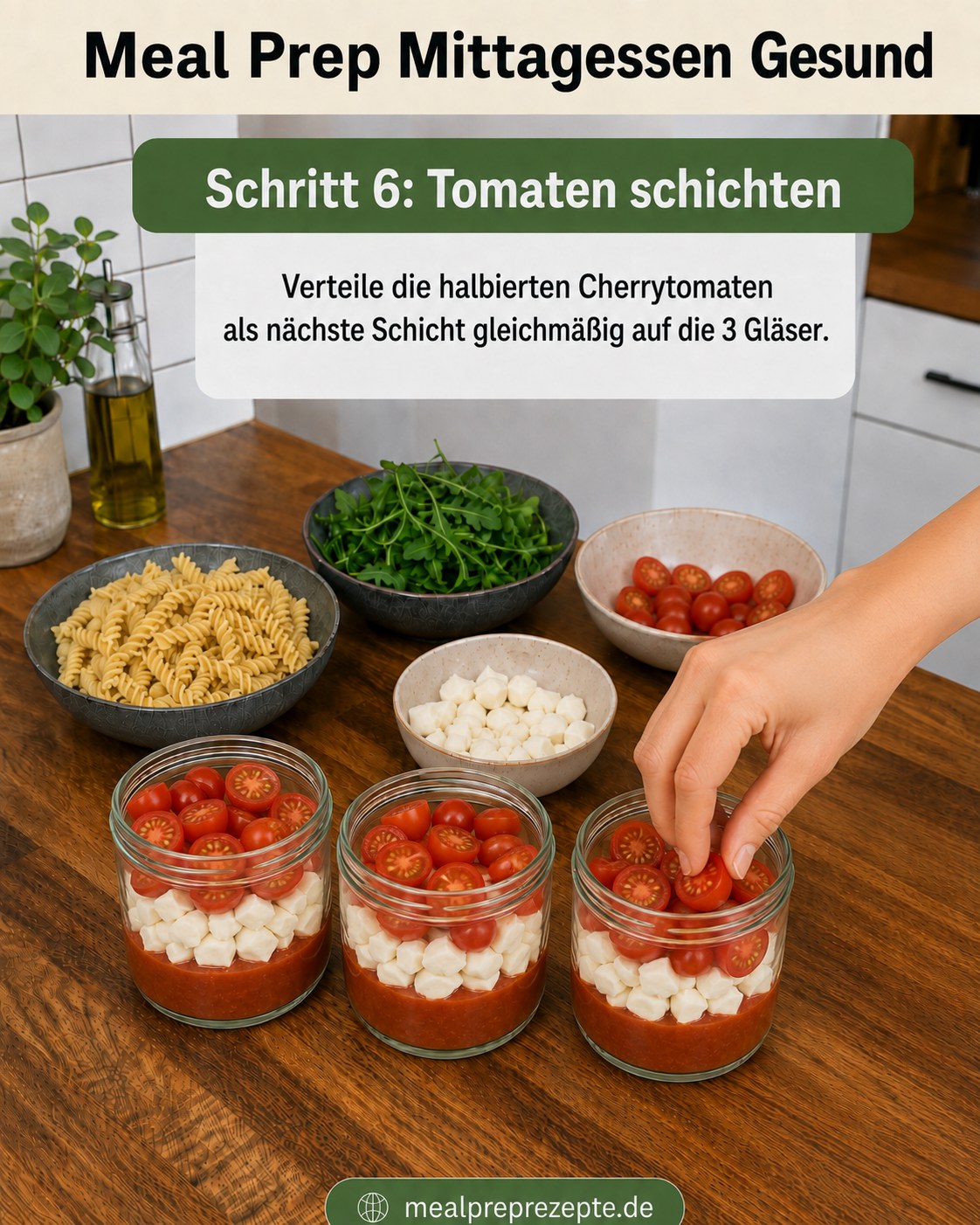 Halbierte Cherrytomaten werden als bunte Schicht auf den Mozzarella in den Gläsern verteilt