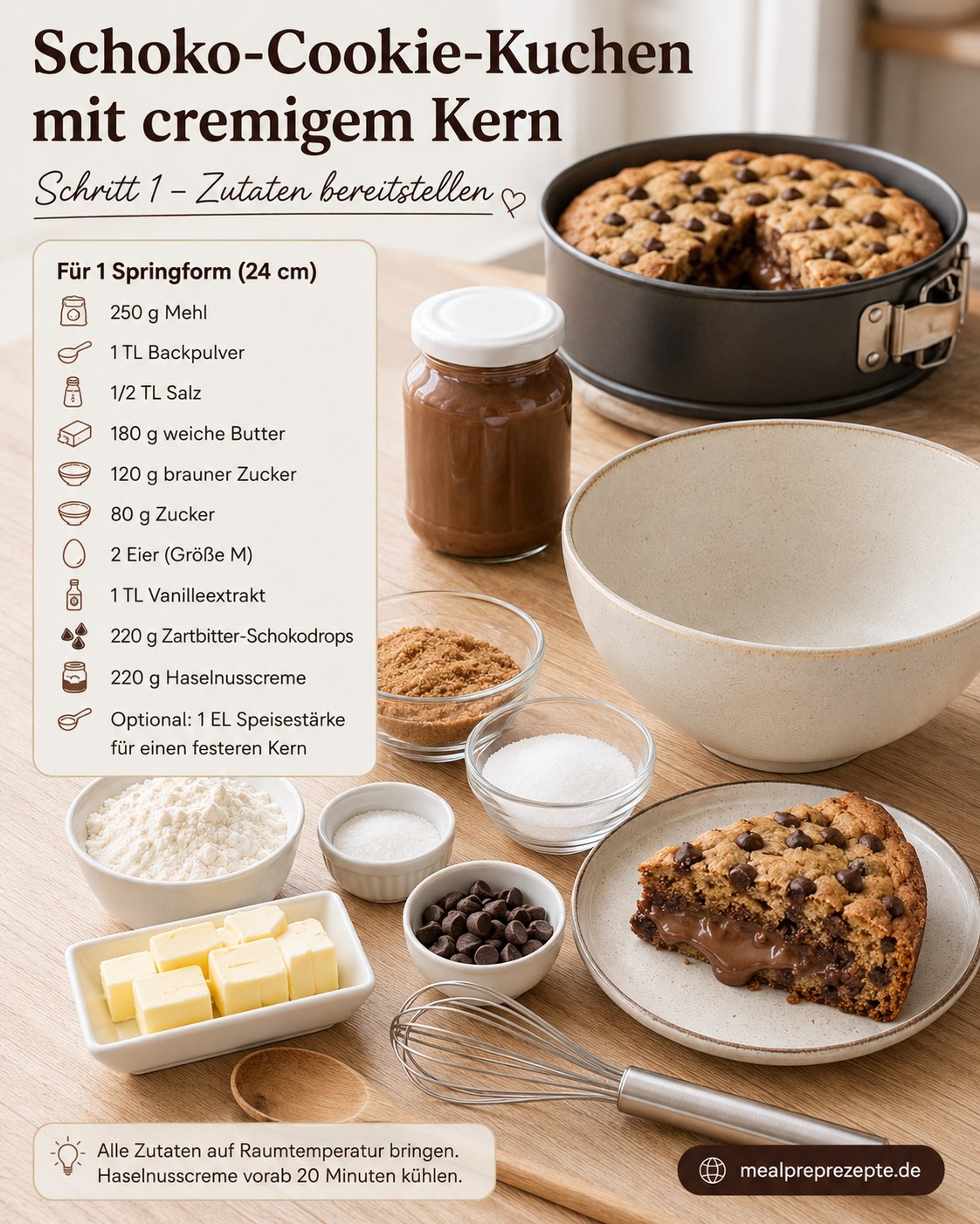 Zutaten für Nutella Cookie Kuchen mit Schmelzkern übersichtlich auf dem Küchentisch bereitgestellt