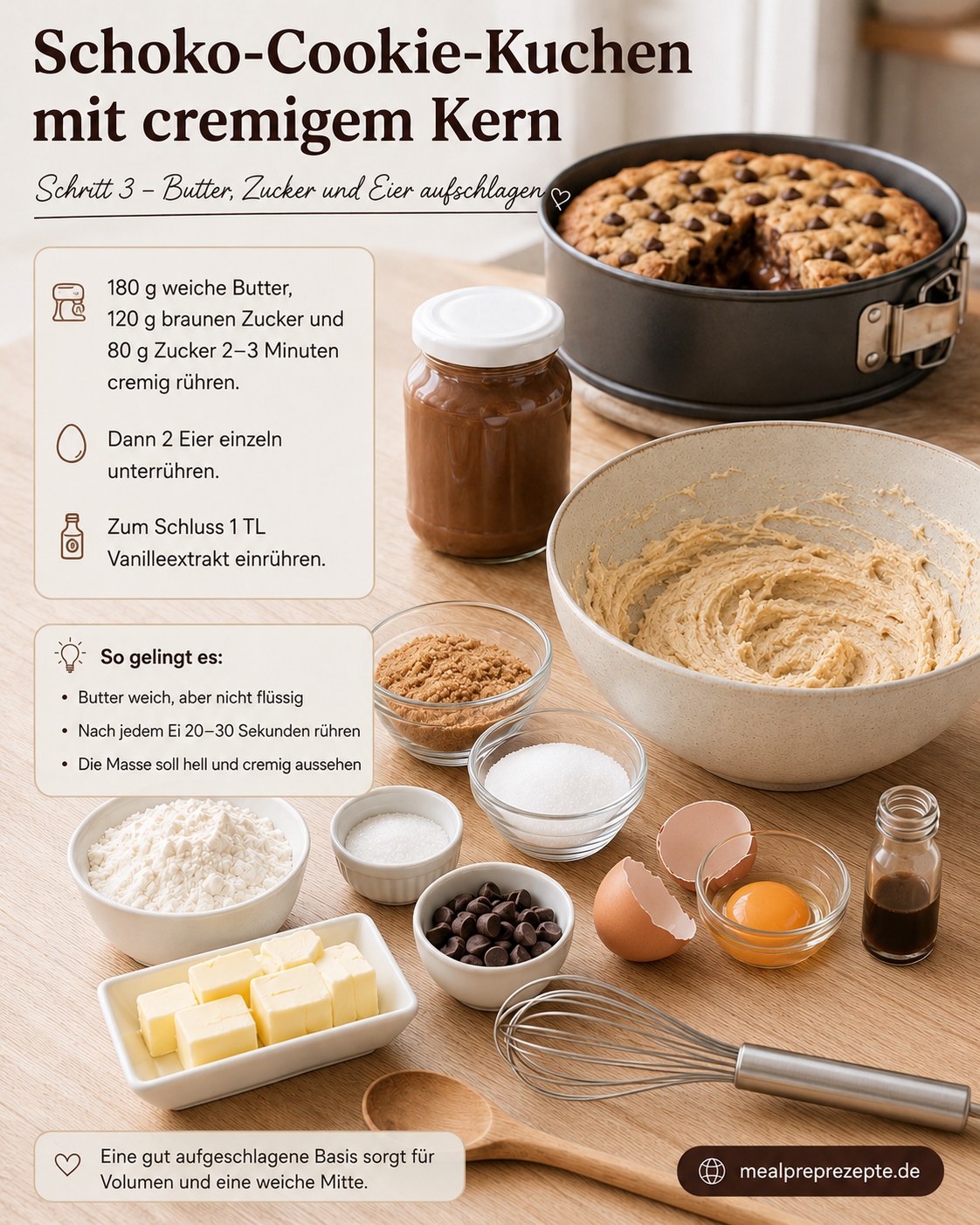 Butter, Zucker und Eier für den cremigen Teig des Nutella Cookie Kuchens mit Schmelzkern aufgeschlagen