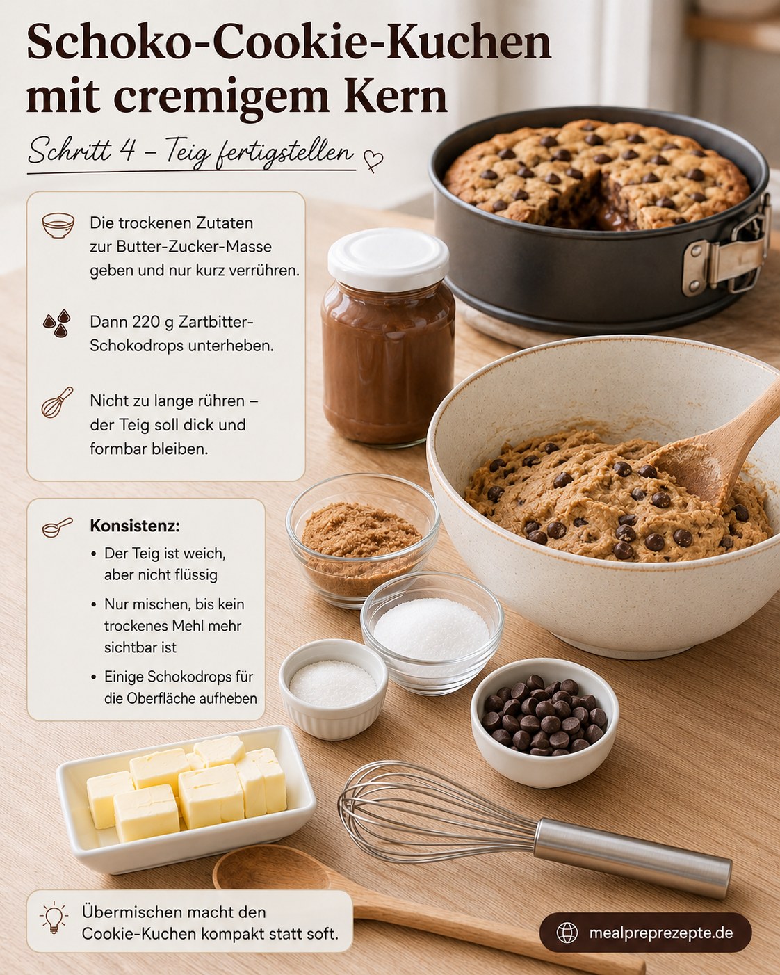 Fertiger Cookie-Teig mit Schokodrops für den Nutella Cookie Kuchen mit Schmelzkern in der Rührschüssel