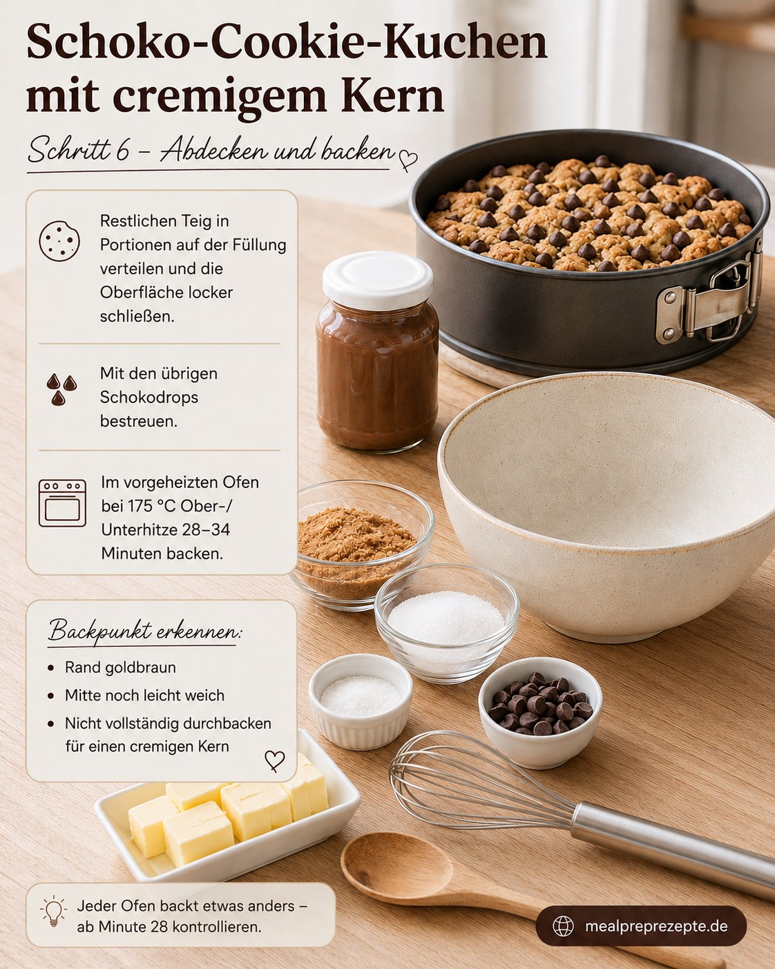 Nutella Cookie Kuchen mit Schmelzkern vor dem Backen mit Teig und Schokodrops bedeckt
