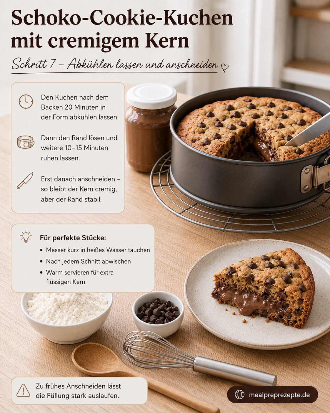 Angeschnittener Nutella Cookie Kuchen mit Schmelzkern zeigt den cremig-flüssigen Kern deutlich