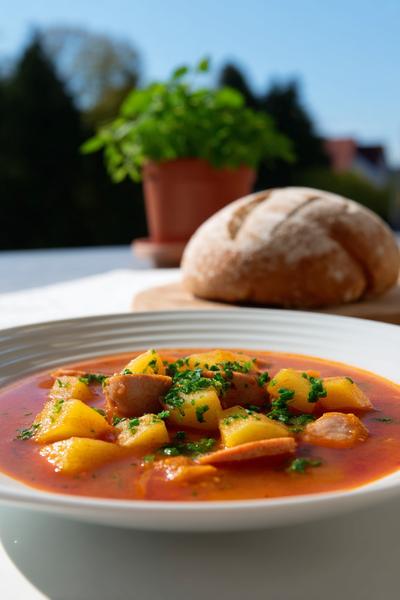 4. Herzhafte Bratkartoffeln mit Fleischwurst in Rezepte mit Fleischwurst und Kartoffeln mit Gurkenscheiben und Senf-Dip