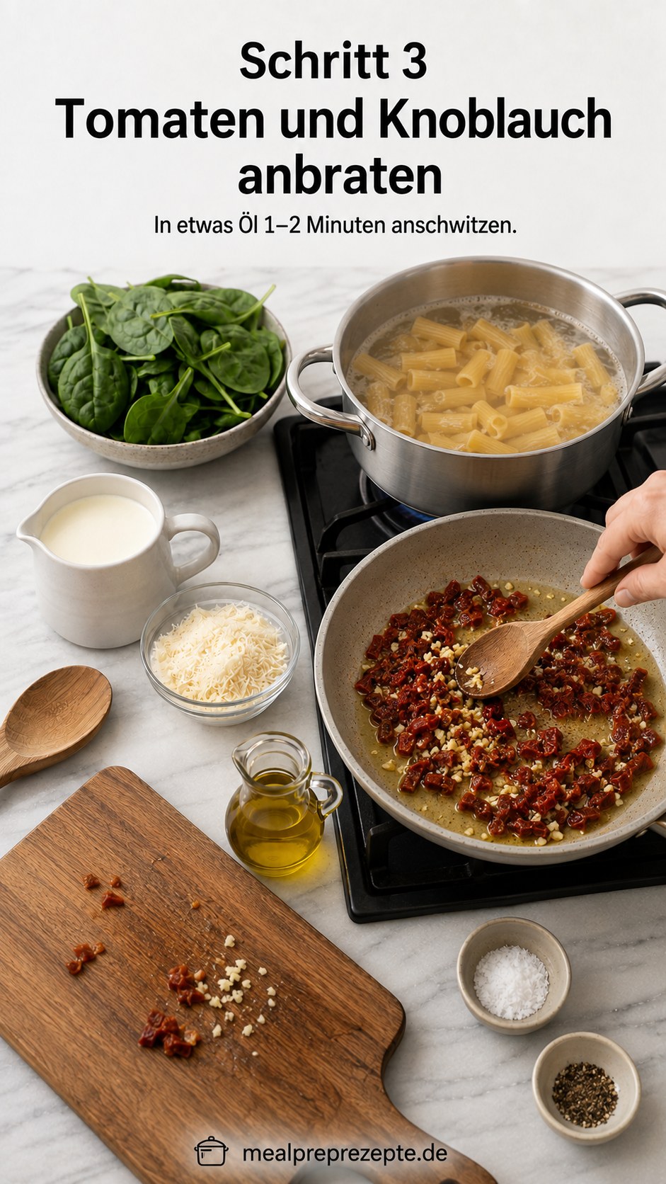 Getrocknete Tomaten und Knoblauch werden in einer Pfanne für die Sauce angebraten