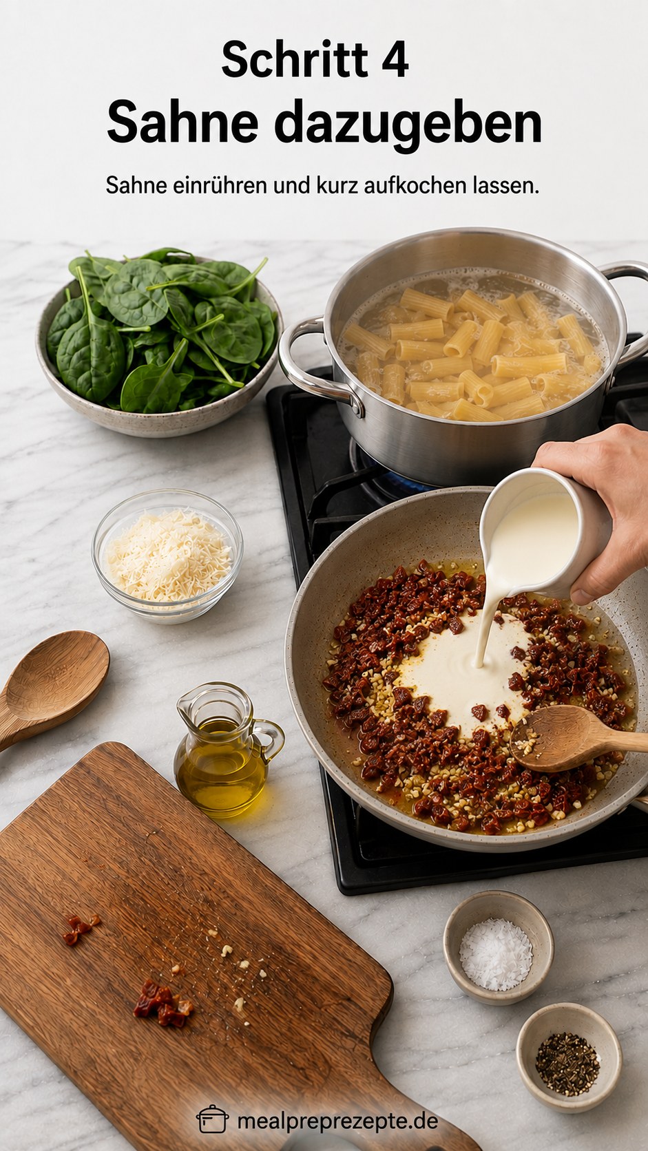 Sahne wird für die cremige Sauce zu Rigatoni mit getrockneten Tomaten in die Pfanne gegossen