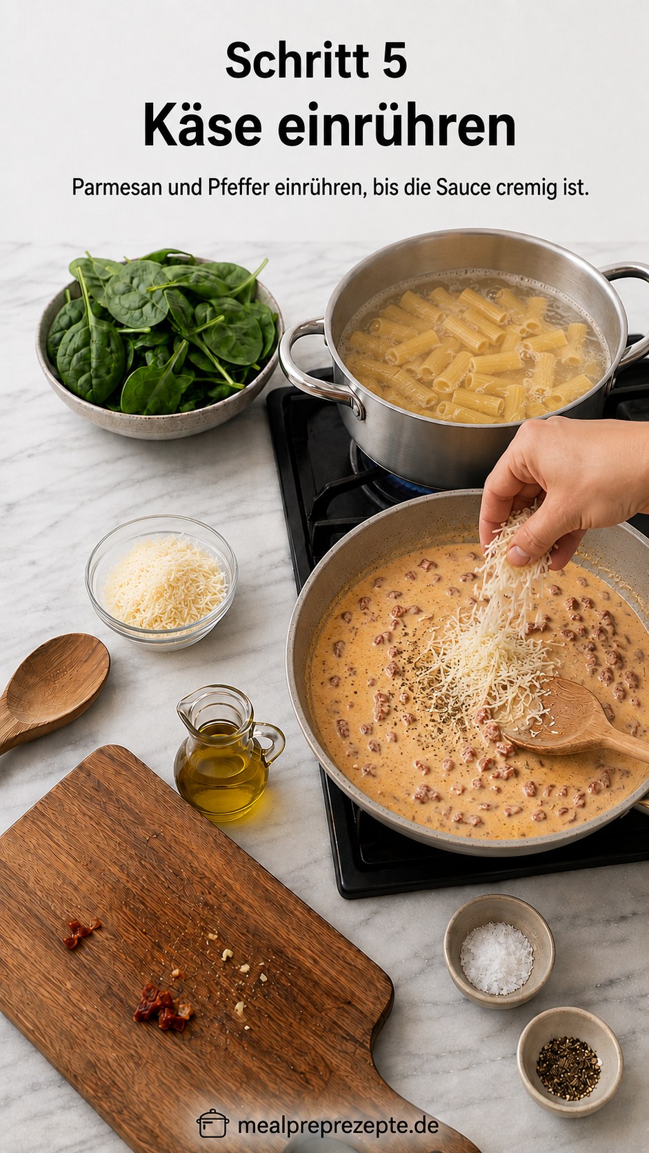 Parmesan wird in die Sauce für Rigatoni mit getrockneten Tomaten eingerührt, bis sie cremig ist