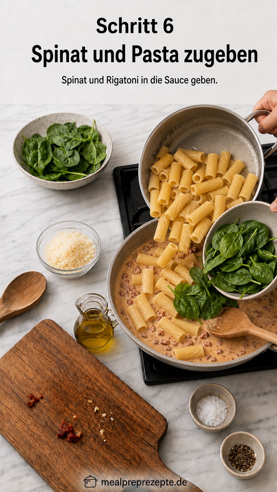 Frischer Spinat und gekochte Rigatoni werden in die Tomaten-Sahne-Sauce gegeben
