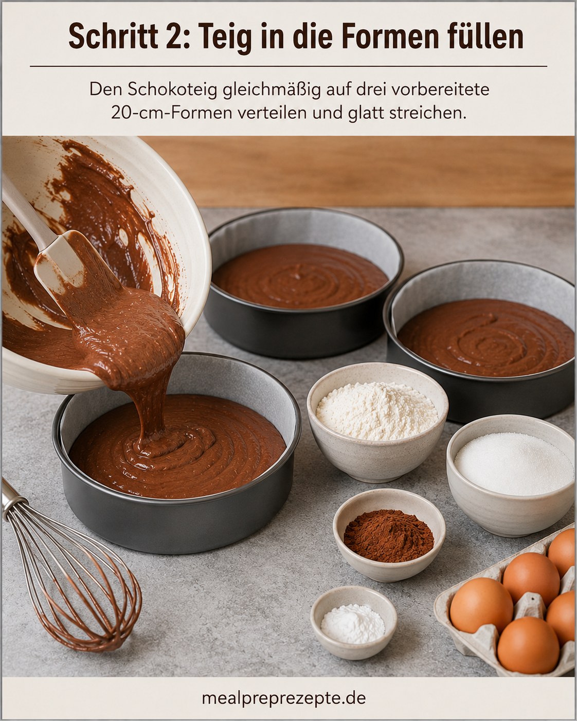 Schokoteig für die Schokobon Torte mit Nussmischung wird gleichmäßig in drei runde Backformen gefüllt