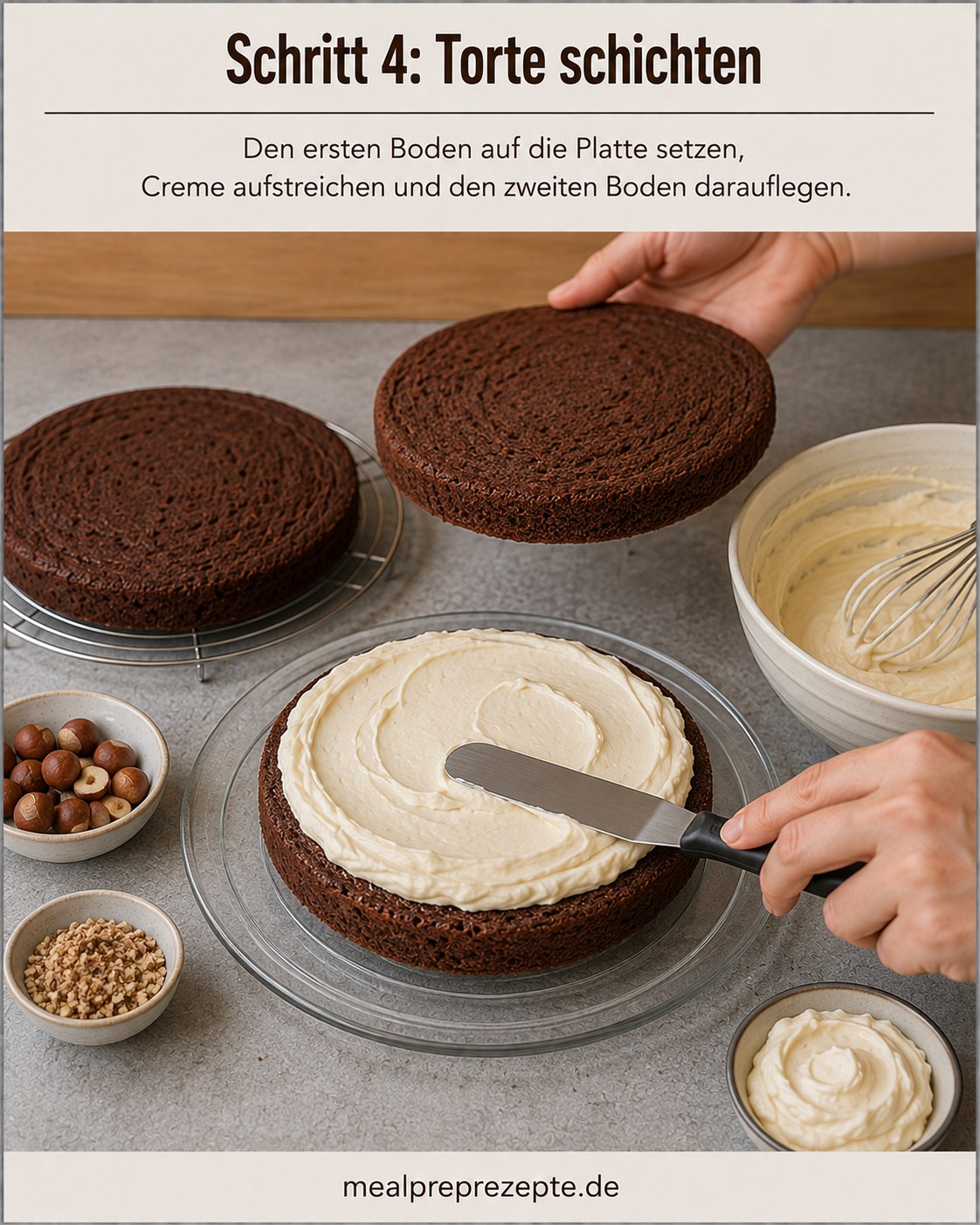 Hände schichten Böden und Creme beim Aufbau der Schokobon Torte mit Nussmischung auf einer Glasplatte