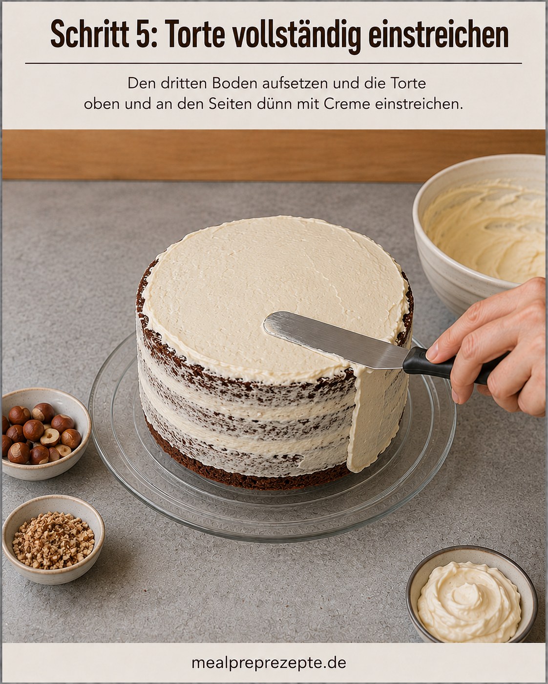 Palette streicht Creme dünn und glatt über die komplette Torte als Crumb Coat vor der Deckschicht