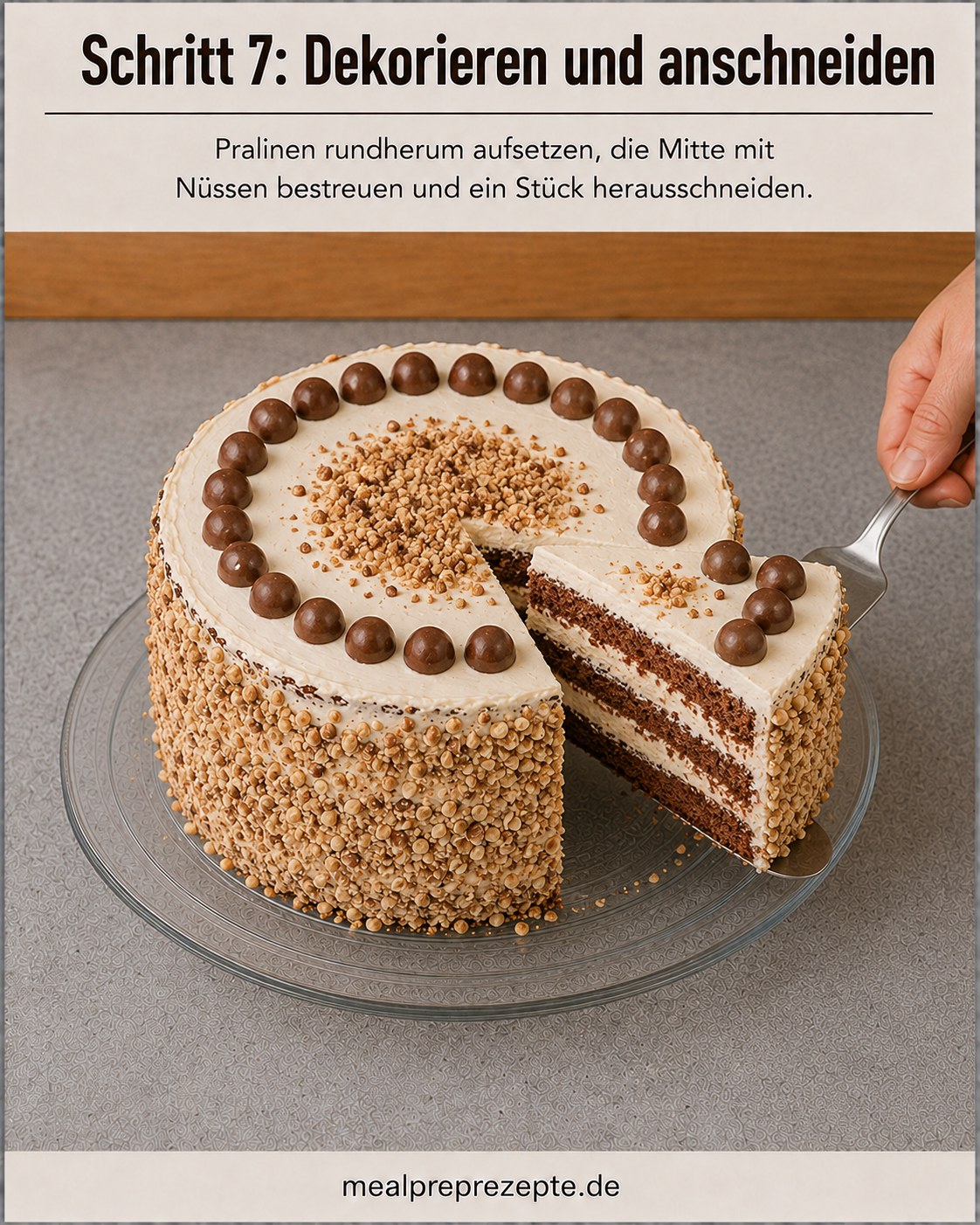 Schokobons liegen kreisförmig auf der fertigen Torte, ein Tortenstück wird sauber herausgeschnitten