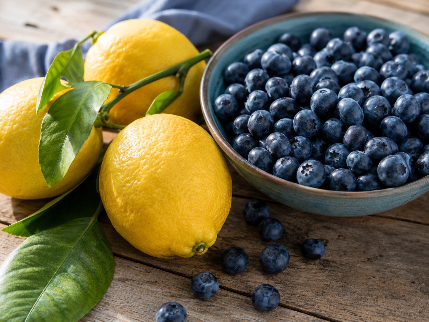Frische Zitronen und Blaubeeren auf Holztisch