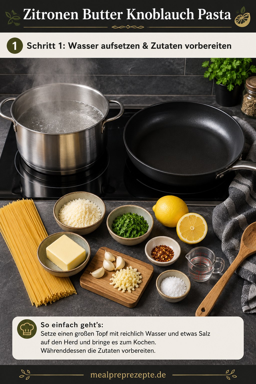 Zutaten für Zitronen Butter Knoblauch Pasta liegen bereit, während Wasser im Topf aufkocht