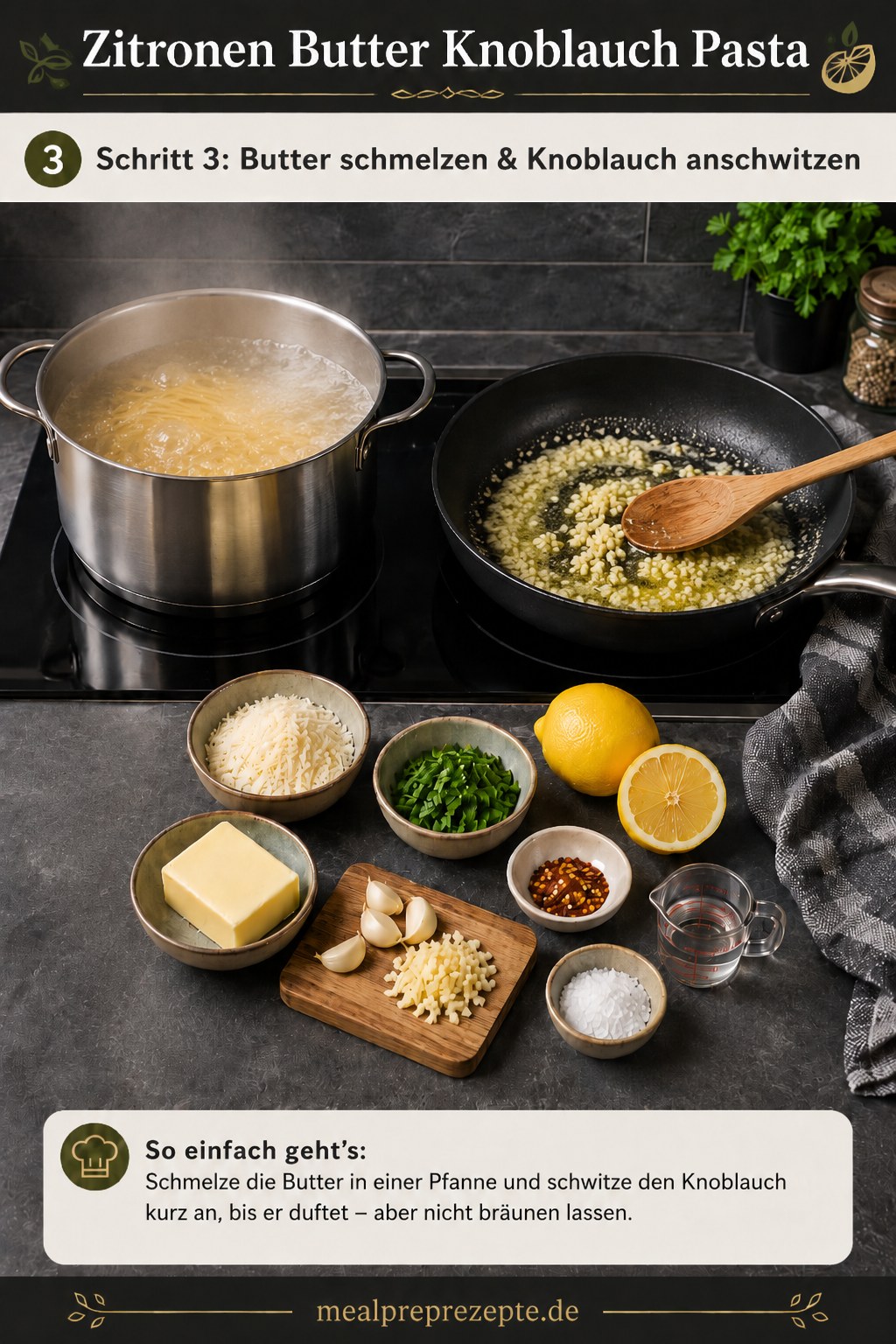 Butter schmilzt in der Pfanne, während Knoblauch für die Zitronen Butter Knoblauch Pasta sanft andünstet