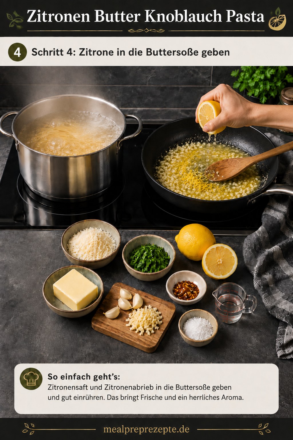 Frischer Zitronensaft wird für die Zitronen Butter Knoblauch Pasta in die Buttersauce gepresst