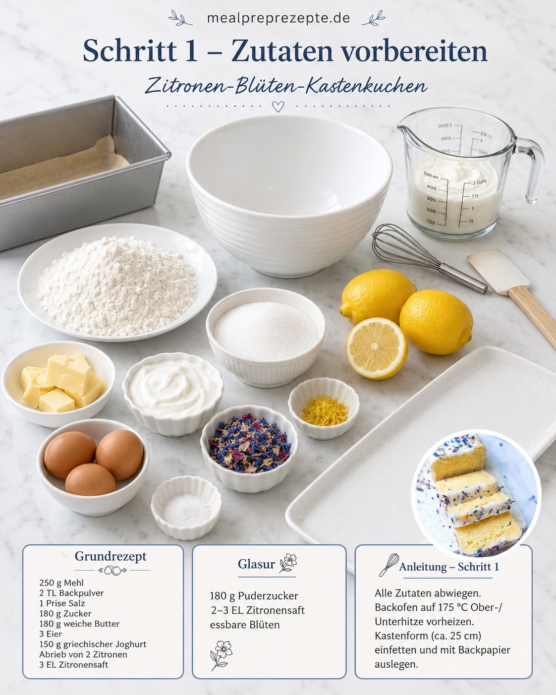 Zutaten für Zitronen-Mascarpone Kuchen mit Mehl, Butter, Eiern und Zitronen übersichtlich angerichtet