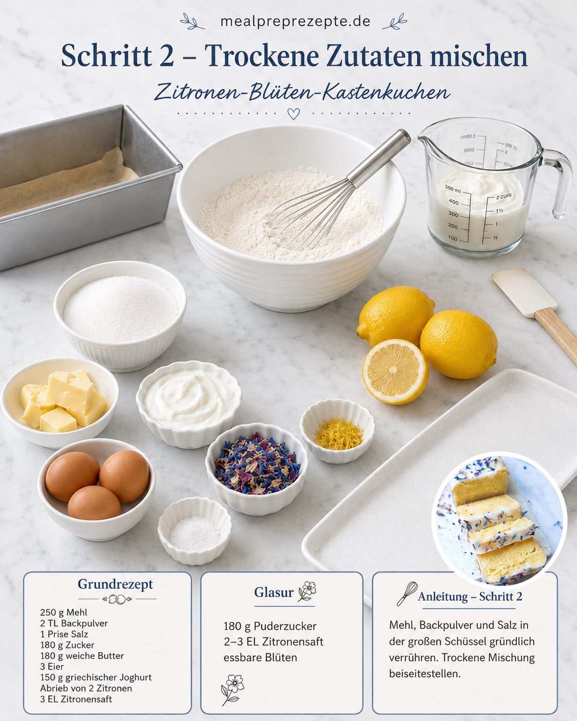Schüssel mit trockenen Zutaten für Zitronen-Mascarpone Kuchen wird mit dem Schneebesen verrührt