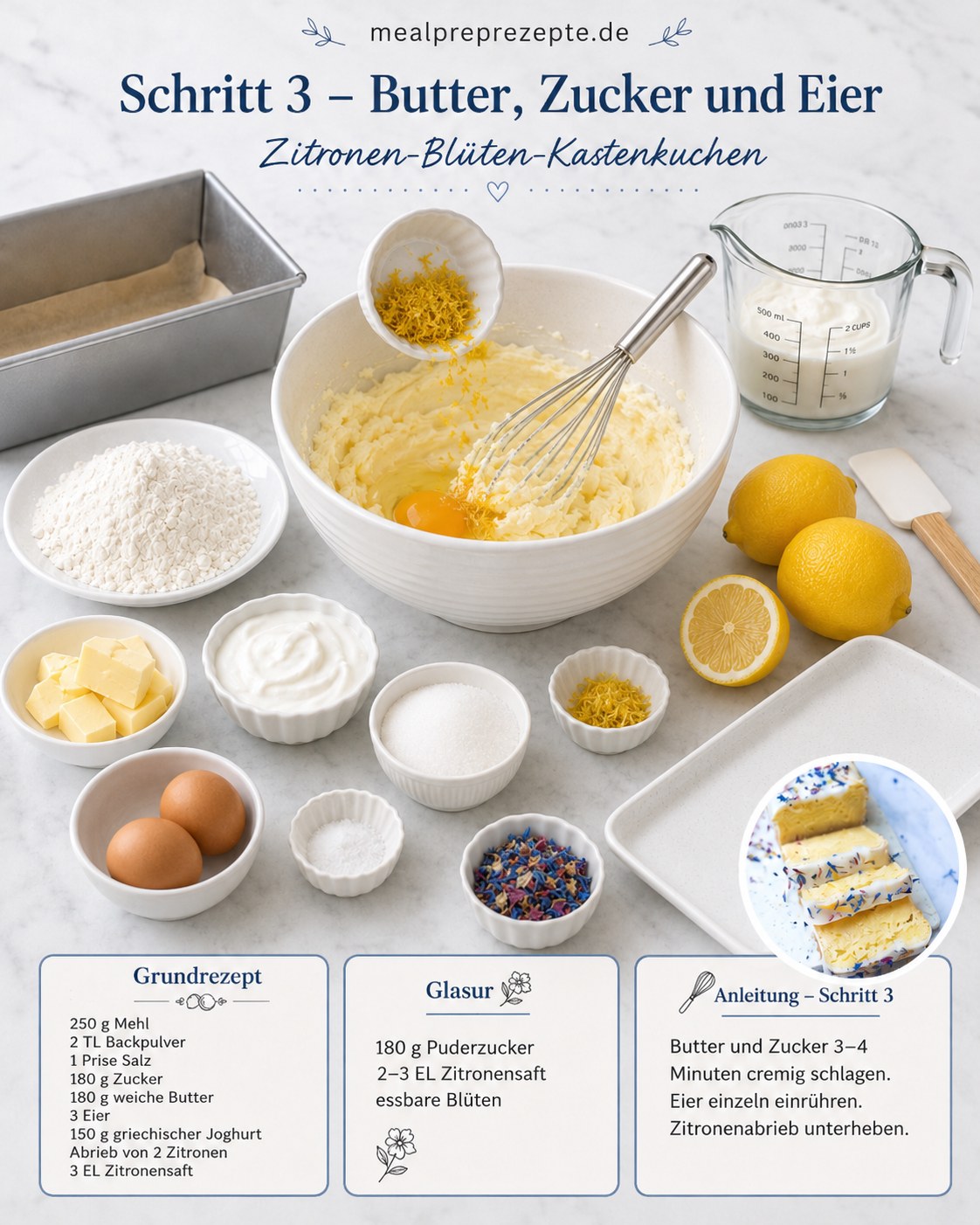 Cremig geschlagene Butter-Zucker-Ei-Masse mit Zitronenabrieb für den Zitronen-Mascarpone Kuchen