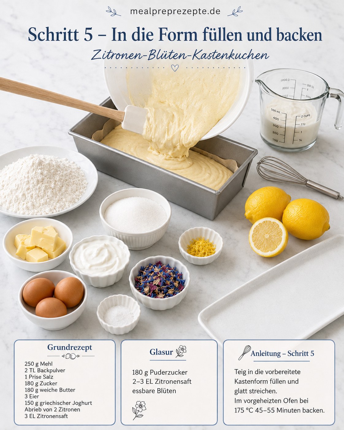 Fertiger Teig wird für den Zitronen-Mascarpone Kuchen in die gefettete Kastenform gegossen